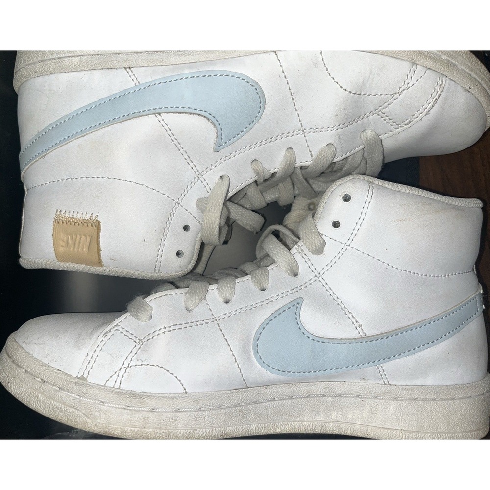 Nike Blazer Mid 77 White Light Blue Swoosh Leather High Top Sneaker Kids 7.5Y